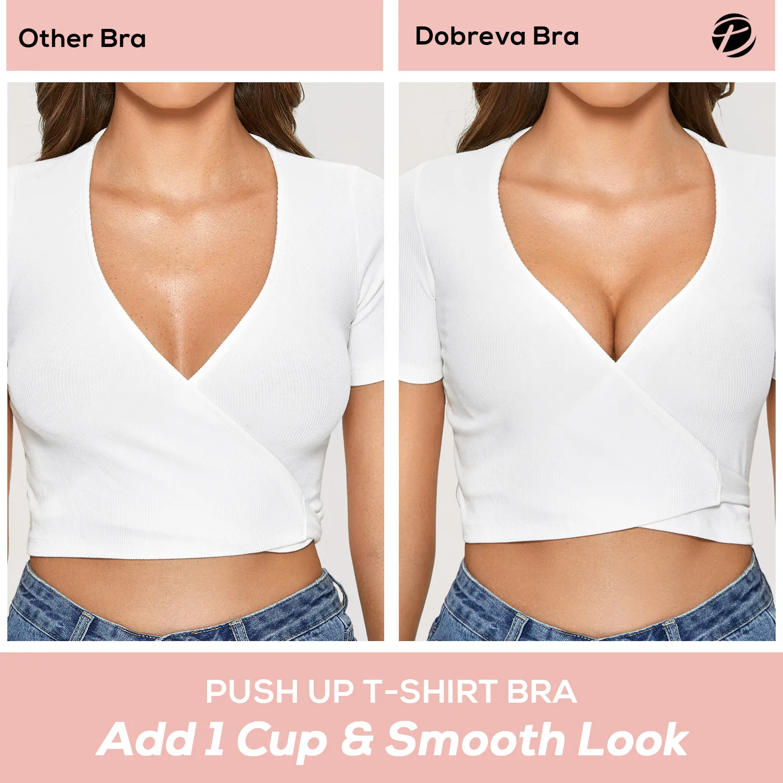 DOBREVA Women\'s Push Up Bra Plus Size Wireless Padded T Shirt Bras Seamless Wire Free V Neck Longline Plunge Bralette