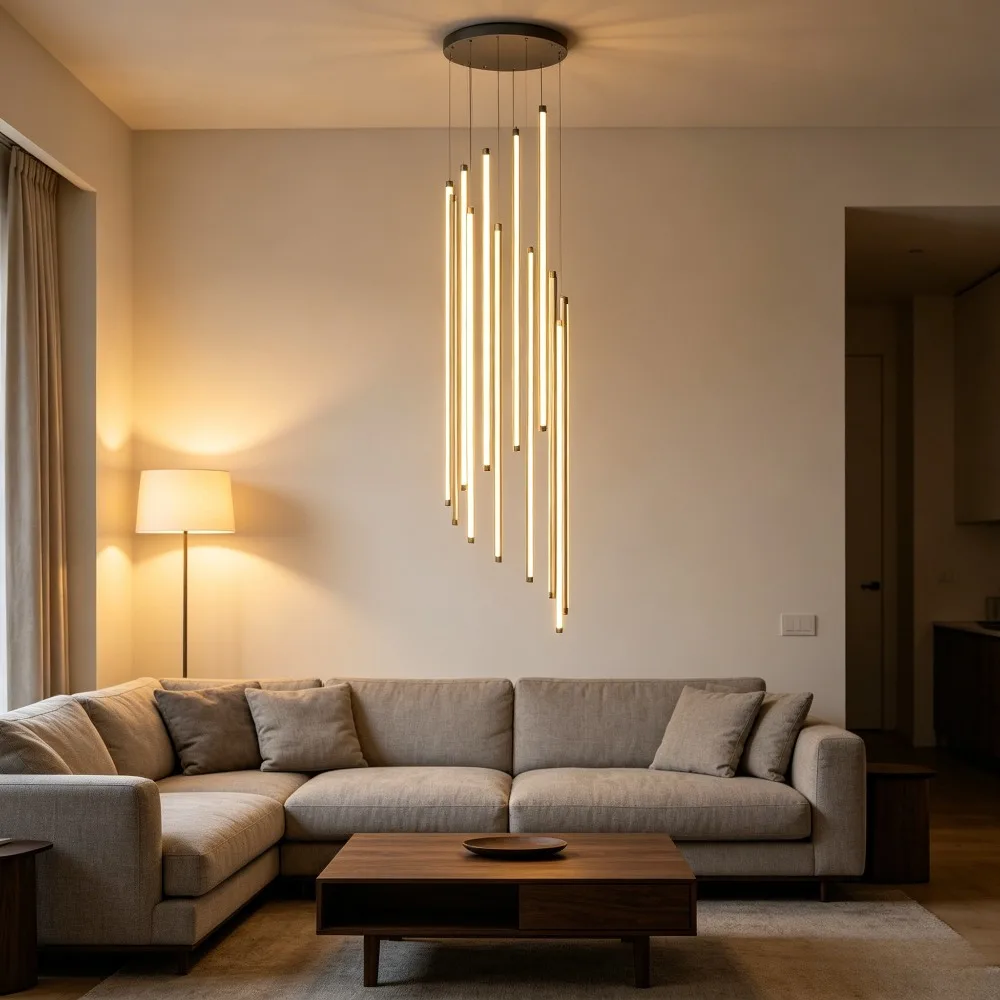 Nordic Stairs Straight Remote Control Led Dimmable Pendant Lights Modern Luxury Black Led Suspend Lights Led Luminarias Fixtures