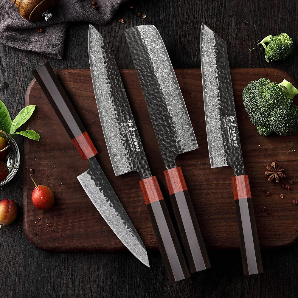 TURWHO Japanese Professional 4PCS Hand Forged 67 Layer Damascus Chef Knives Kiritsuke Knife Nakiri Knife Kitchen Knives Set