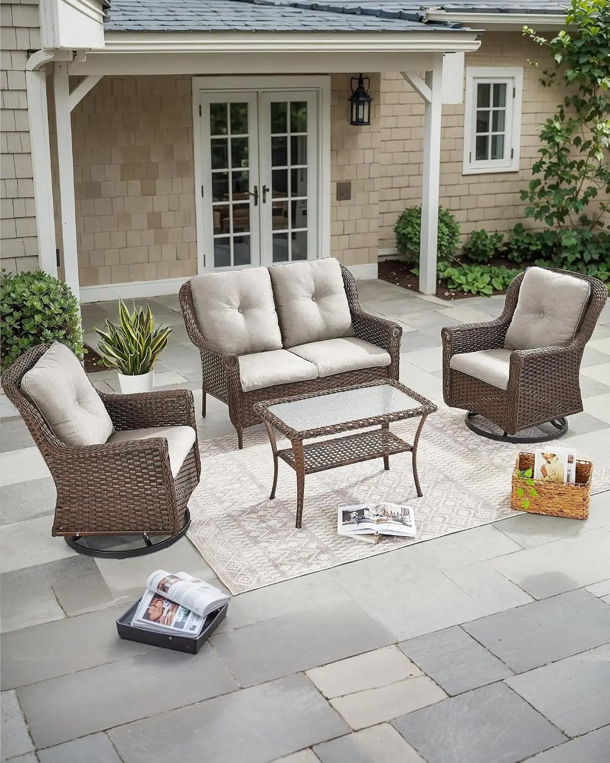 Outdoor Coffee Table 2-Tier Wicker Storage Side Table Tempered Glass Top for Patio Porch Deck Yard, Customized