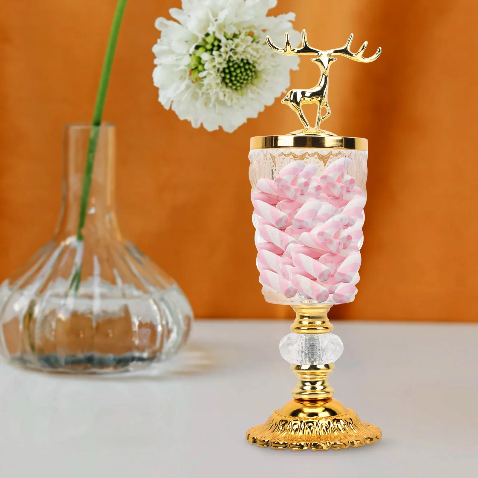 

Gold Candy Storage Jar Premium Glass Iron Lid Nordic Style Decorative Deer Design Household Desktop Party Wedding Banquet