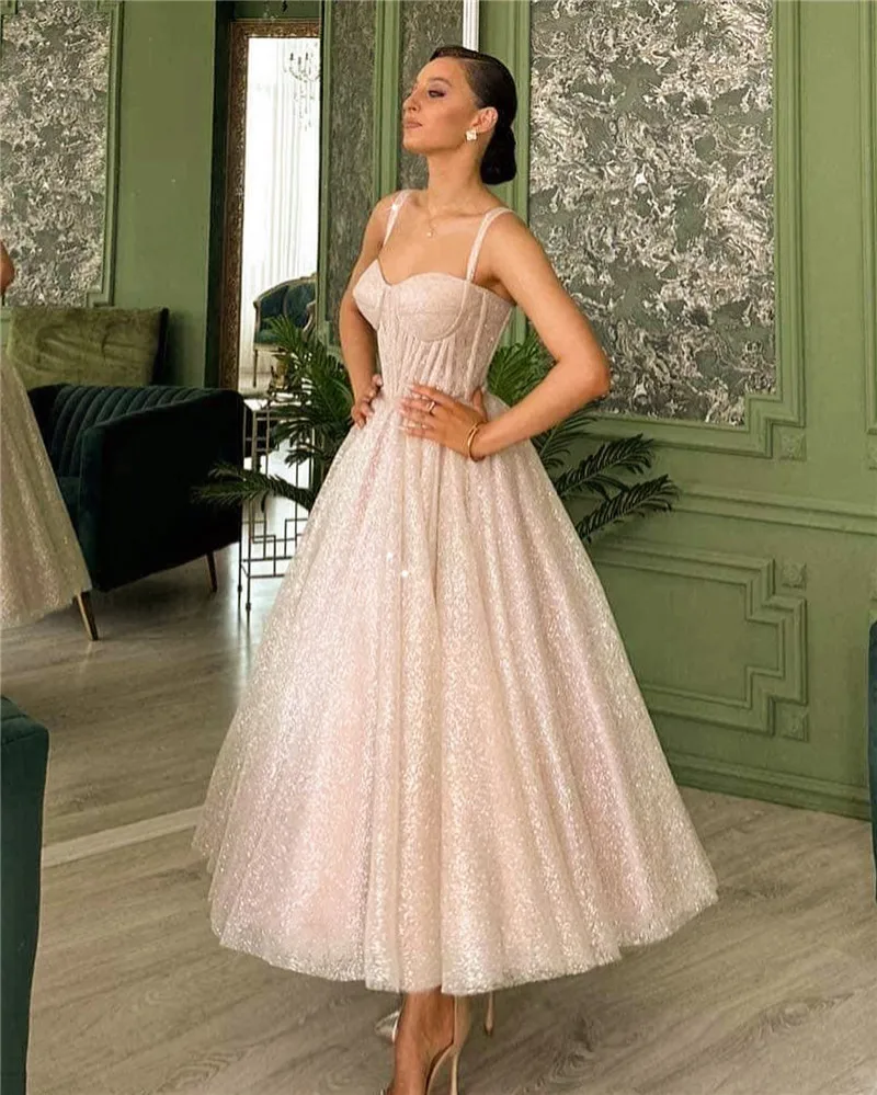 LORIE-vestidos de novia de princesa con purpurina brillante, corto con tirantes finos vestido de novia, corsé con cuello en forma de corazón, 2024