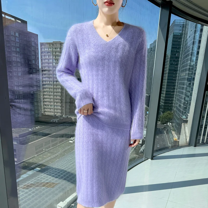 25 Nowych Damskich Zestawów Swetrowych 100% Kaszmir Norkowy Sweter z Dekoltem w Serek Dzianinowy Sweter z Wzorem Skręconych Kwiatów Spódnica do Kolan Ciepły Dwuczęściowy Zestaw