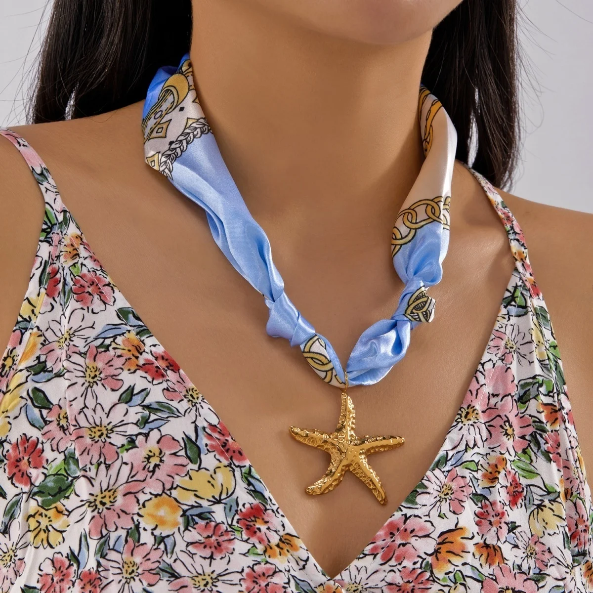 Bunter Acryl-Rundperlen-Schal mit Aufdruck, Seestern-Halskette für Frauen, Doppelschichtiger Edelstahl-Stern-Choker-Schmuck – Detail 19
