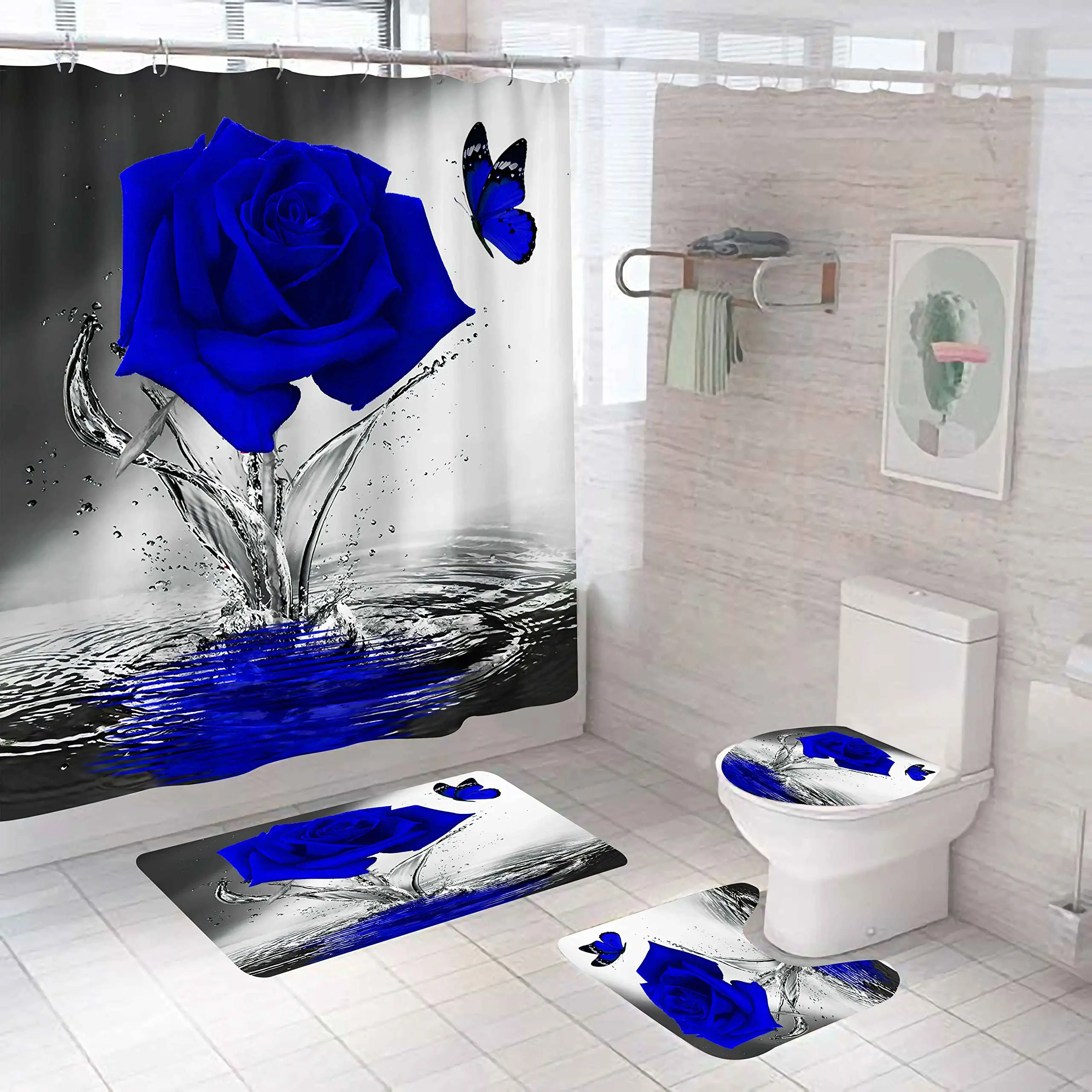 

Blue Rose Flowers Waterproof Bathroom Shower Curtain Set Polyester Toilet Seat Cover Bath NonSlip Mat Rug Carpet Home Decor