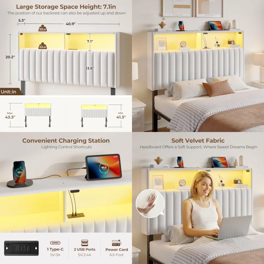 

Headboard for Size Bed with Storage, 60, 000 DIY Color of LED Light, Head Board with USB and Type C Port, Height Adjustable, Ve