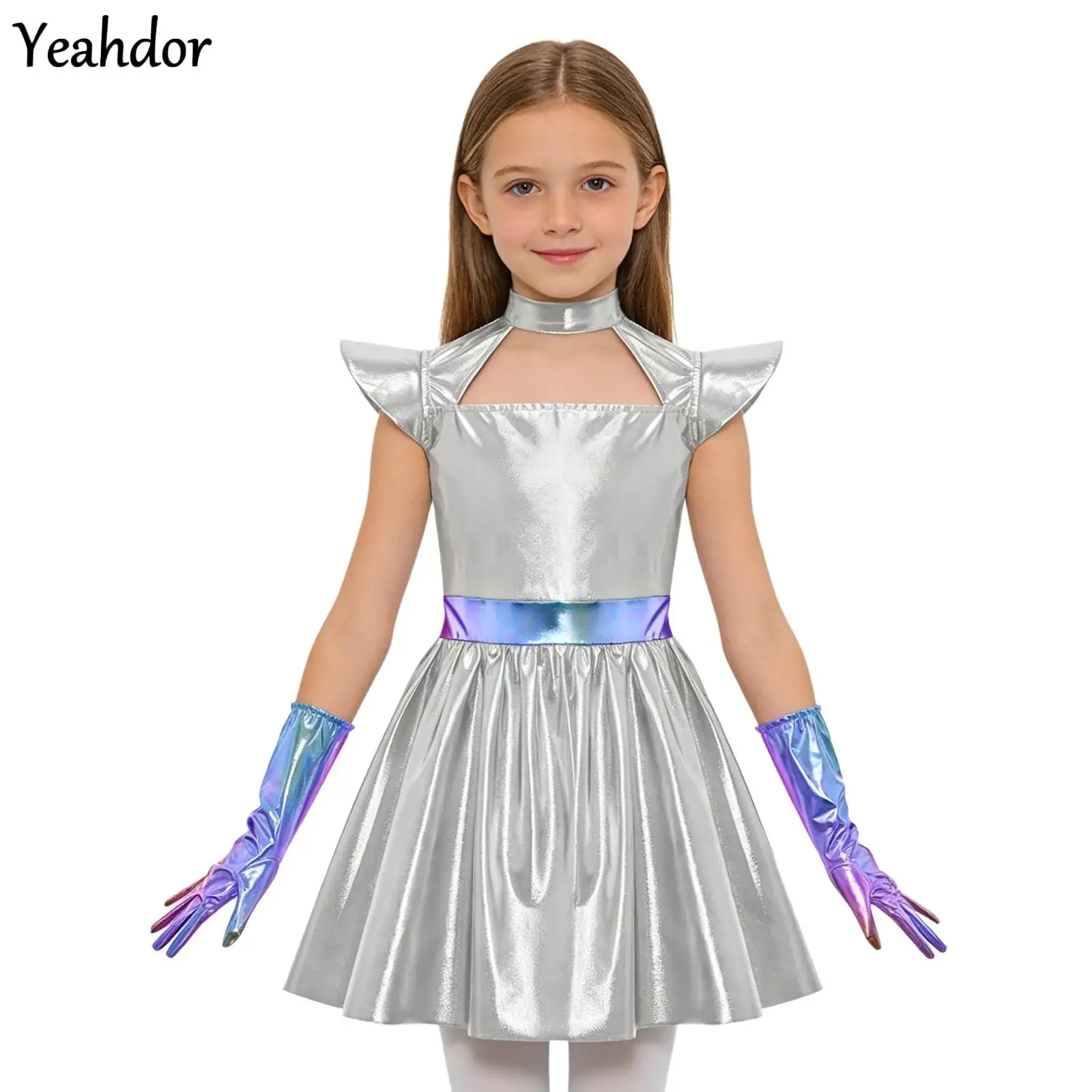

Girls Silver Astronaut Costume Halloween Outerspace Alien Robot Cosplay Metallic Shiny A-line Tutu Dress with Gloves Outfits