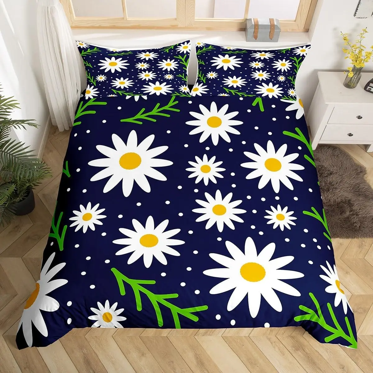 Daisy Duvet Cover Queen Twin Botanical Floral Printed Bedding Set for Boys Girls Natural Theme Blossom Flowers Comforter Cover