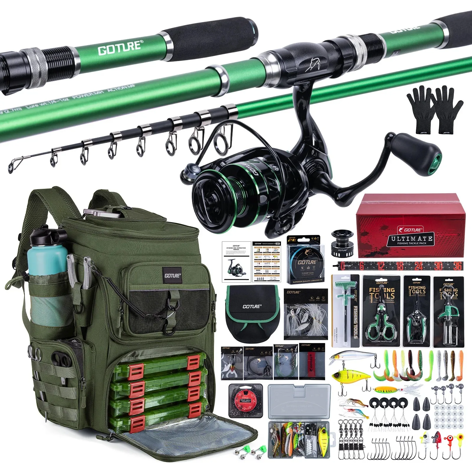 Goture 21Pcs Fishing Rod Reel Combo,1.8M Carbon Fiber Telescopic Pole Spinning Reel Backpack,Lures Line Hooks Set,fishing Gear
