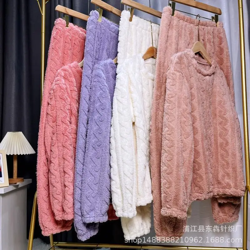 

Autumn Winter Coral Fleece Pj Set Woman Keep Warm Nightwear Wearable As Outerwear Sleepwear Minimalist Homewear Thicken Pajamas