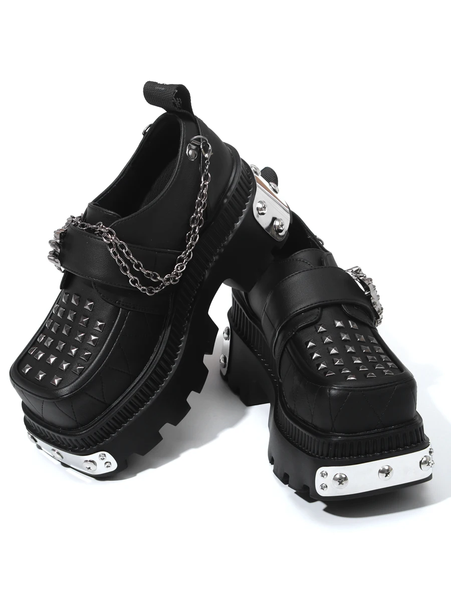 Metal Headed Iron Piece Retro Leather Shoes Gothic Dark Sole Rock Thick Sole Punk High Rise Single Shoe For Women