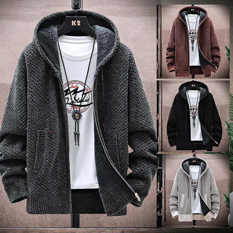 

Hooded Sweater Men's Autumn Winter Thick Warm Knitted Jacket Fashion Casual Men Comfortable Cardigan Breathable Knitwear Sweater
