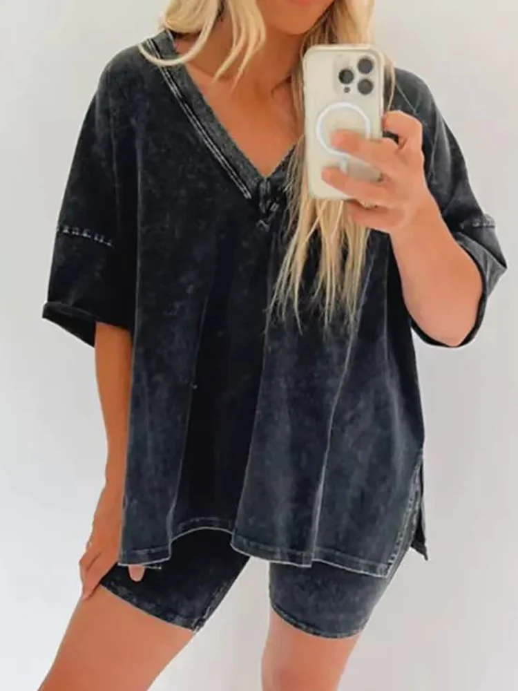 Loose V Neck Pullovers And Shorts Outfits Women Summer Solid Shorts Two Piece Set Distressed Vintage Female Casual Shorts Suit