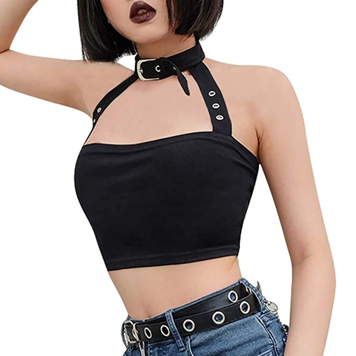 Sexy Buckle Collar Halter Tank Top Women Off Shoulder Backless Bare Midriff Crop Tops Camisole Female Tube Top Cropped Vest