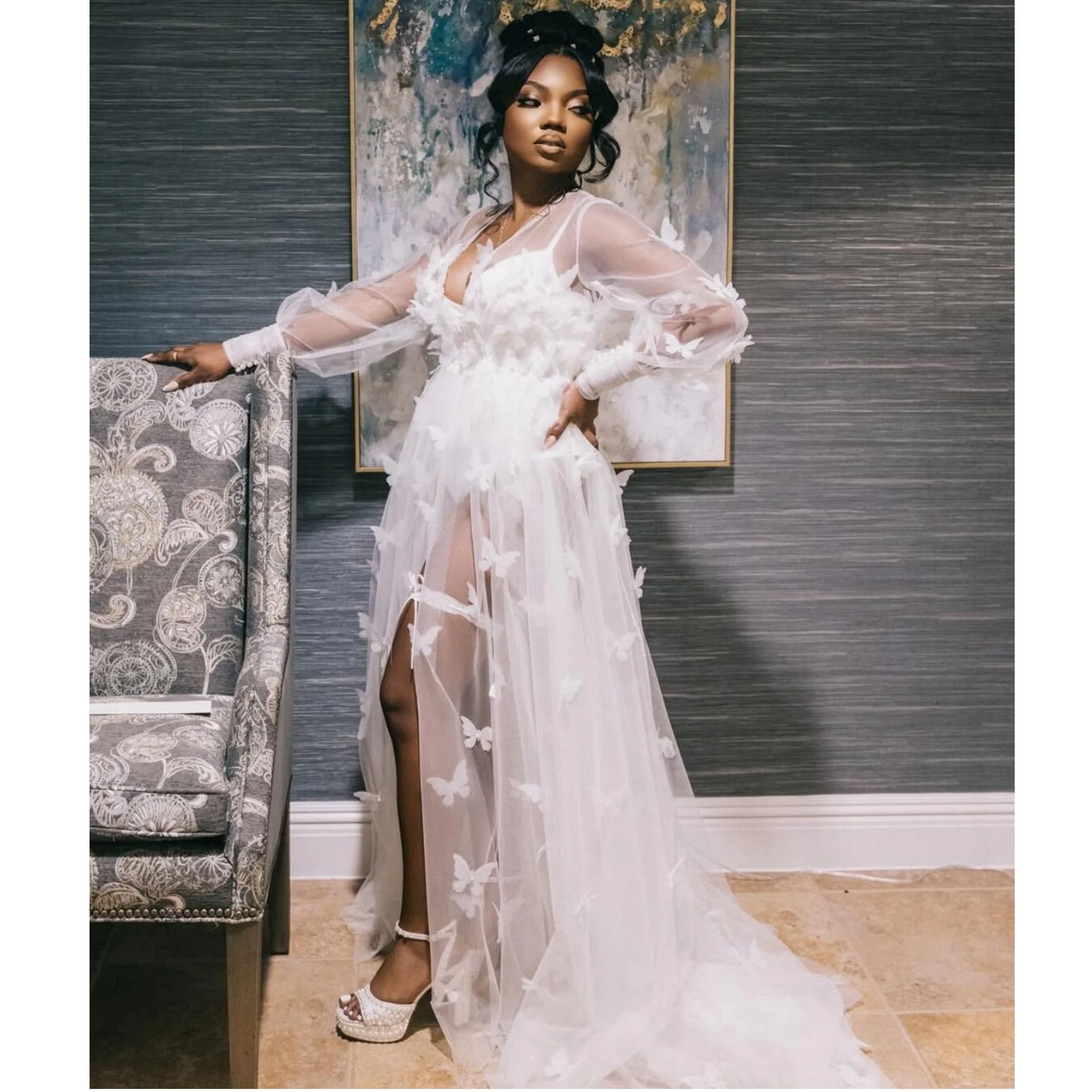 

Linda белые свадебные халаты трапециевидной формы с аппликацией в виде бабочки платье для беременных с длинными рукавами для фотосессии индивидуальная одежда для сна ночная рубашка