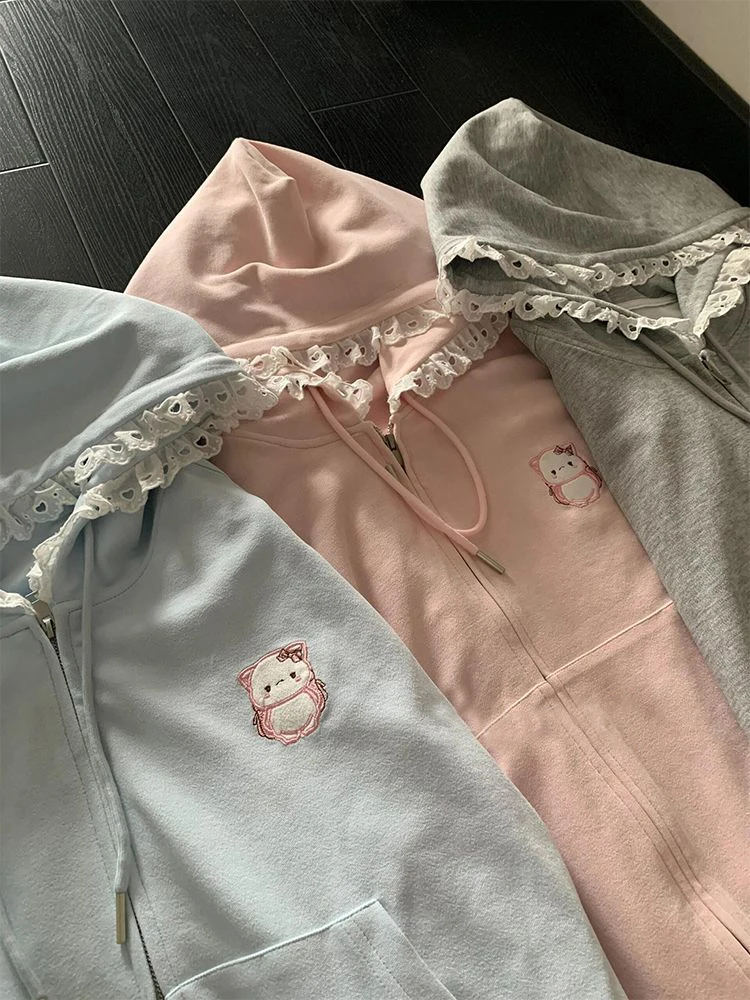 Cute Cat Embroidery Women Sweatshirts Lace Patchwork Sweet Winter Hoodie Jacket Pocket Zipper Loose Fashion Coat Y2K 2024 New