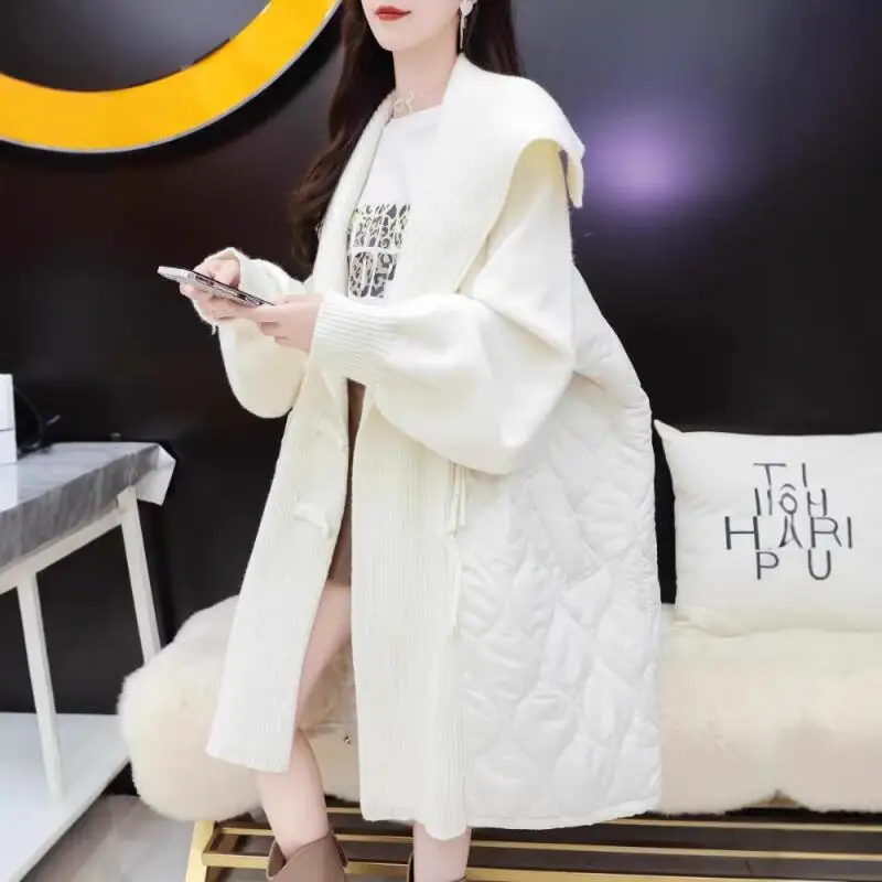 

Новинка 2025, женская осенне-зимняя модная вязаная хлопковая куртка с воротником, элегантный кардиган, топы, повседневное свободное пальто средней длины