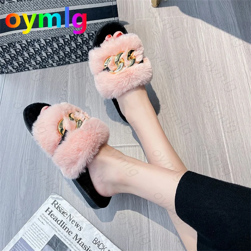 Casual outdoor plush shoes fashion flat-bottomed rhinestone plush slippers women  size 43 women shoes Slippers Flat with