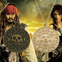 Pirates Of The Caribbean Necklace Jack Sparrow Aztec Skeleton Skull Heads Pendant Coin Medallion Vintage Jewelry