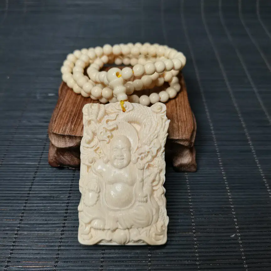 Imitation Mammoth Ivory Carved Dragon Maitreya Buddha Amulet Pendant,108Pcs Natural Buddhist Prayer Beads Mala Necklace Spiritua
