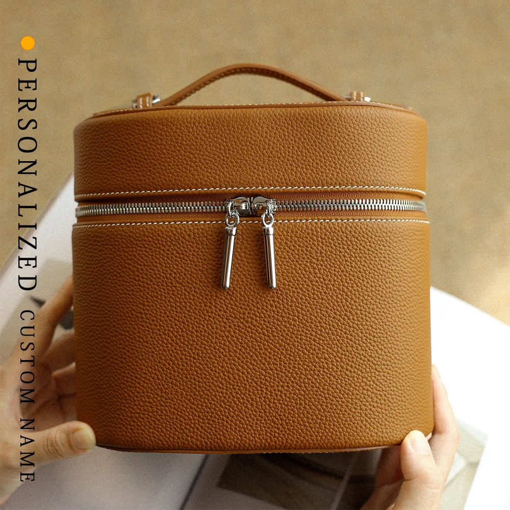 

Top layer cowhide large capacity multi-purpose crossbody box bag lychee pattern cowhide wax thread hand-held cosmetic bag