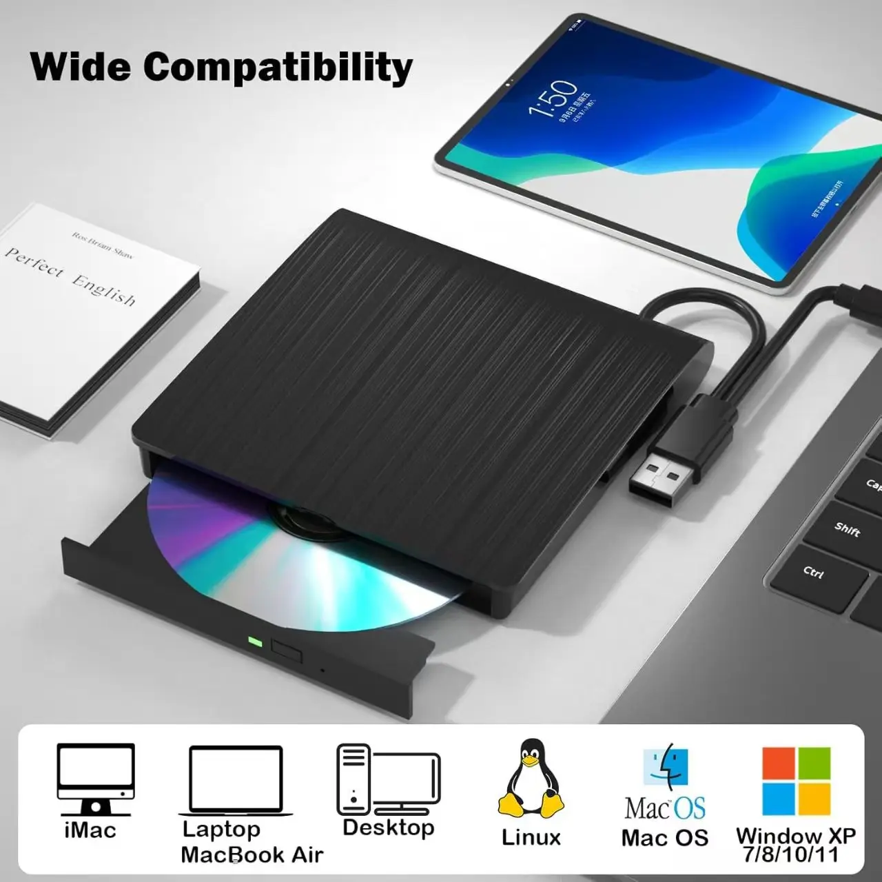 External CDDVD Drive USB3.0CD Burner Portable CD+/-RW DriveDVD Player ROM Rewriter Burner For Mac Desktop PC Laptop Windows