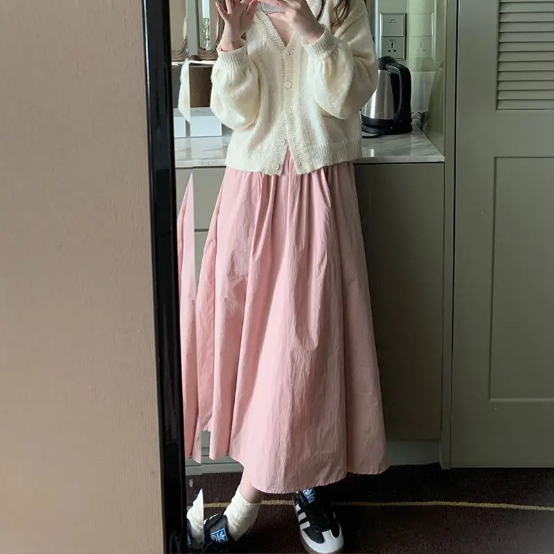 Fashion Summer New Girl Pink Solid Color Elastic Waist Skirt for Women French Women Medium Long Umbrella Skirt for Women