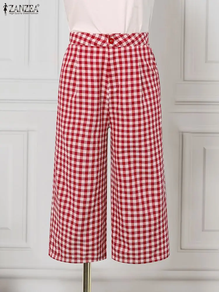 ZANZEA سراويل صيفية أنيقة عالية الخصر منقوشة سراويل نسائية طويلة 2025 جيوب خريف مكتب سيدة بنطلونات ملابس الشارع كبيرة الحجم