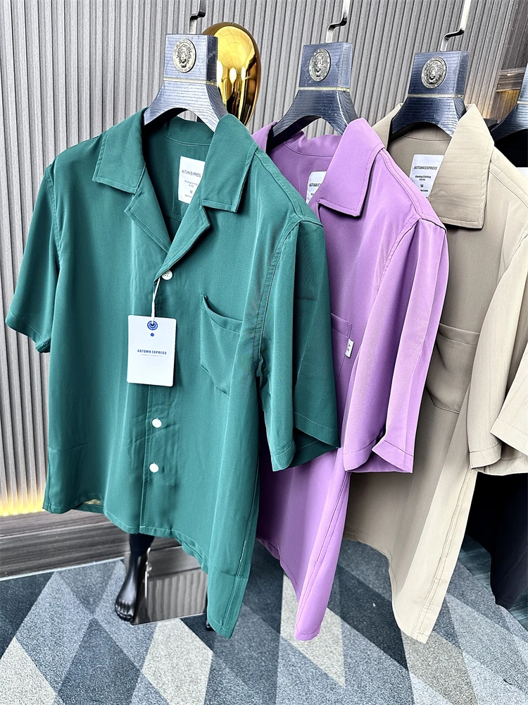 

Retro Japanese Sle Smooth Touch ort Sve irt Men's Summer Suit Sle Couple's Faionable Loose Fit Cuban Collar