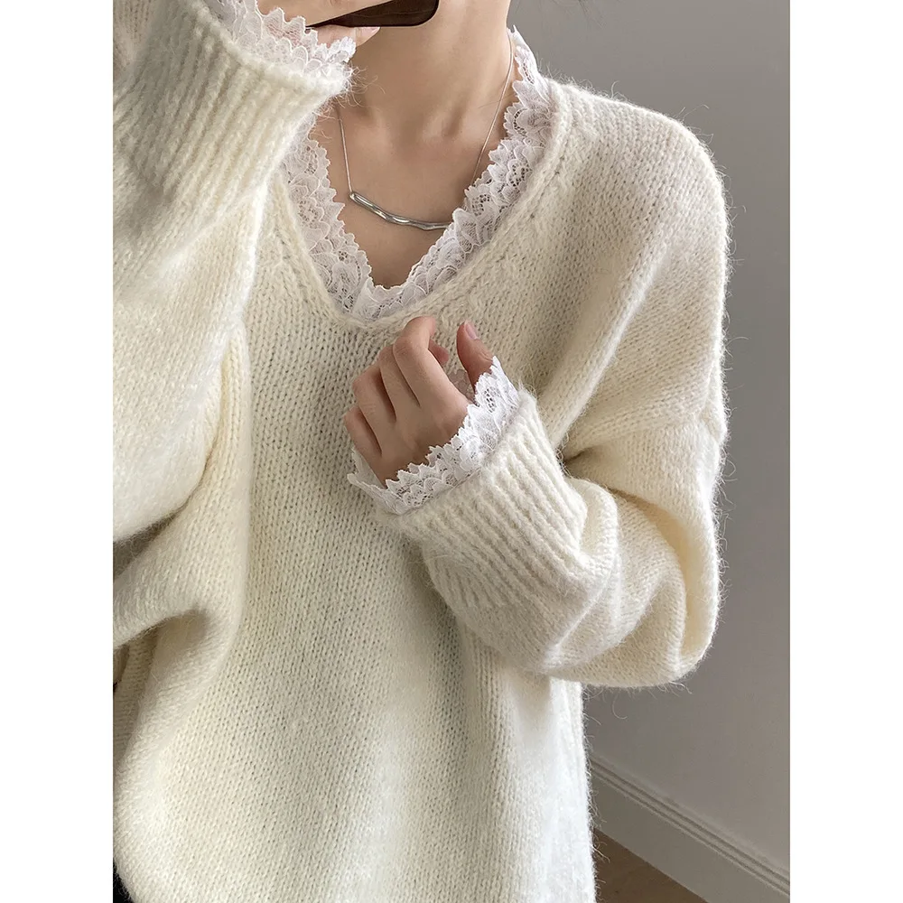 Automne hiver pull femmes col en V ample haut en tricot doux collant doux épissage dentelle paresseux Style décontracté hauts
