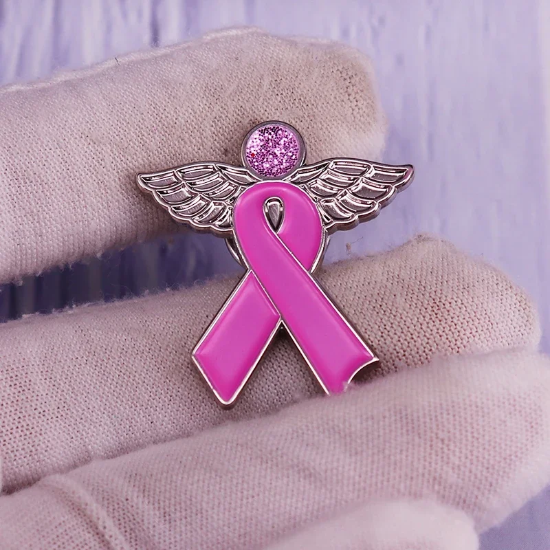 دبوس وردي بشريط x أجنحة ملاك ، دبوس مينا لامع ، شارة توعية لسرطان الثدي