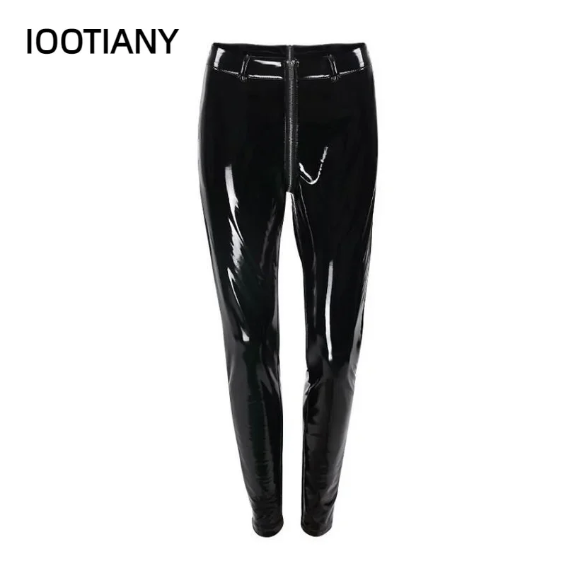 CosplaySexy أحمر أسود بولي PU فو الجلود بناطيل ضيقة مفتوحة المنشعب طماق المرأة سستة مفتوحة المنشعب سليم بنطلون