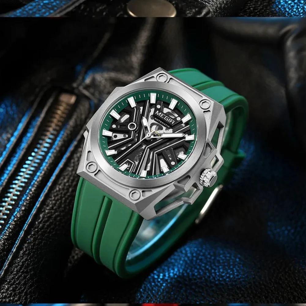 MEGIR 8603 Fashion Automatical Watch for Men Military Sport Waterproof Mechanical Skeleton Dial Silicone Strap Watches for Man