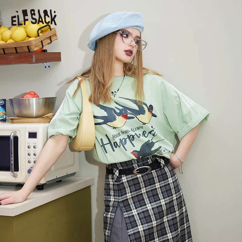 ELFSACK Retro poster printed short sleeved T-shirt for women's 2024 spring new college style loose fitting flesh covering top