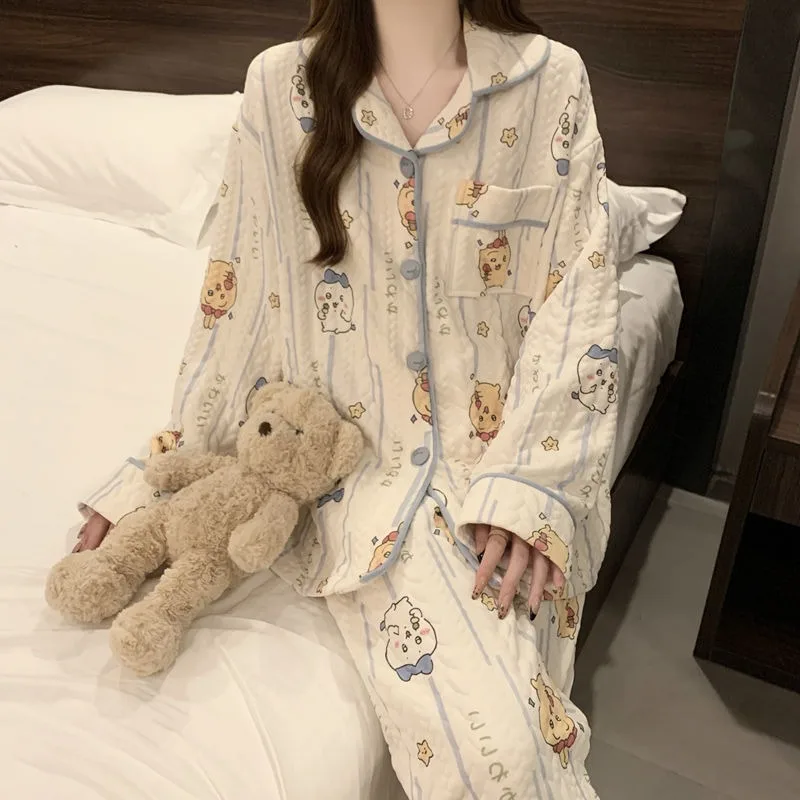 New Chiikawas Usagi Pajamas for Women Autumn and Winter Air Laminated Long-sleeved Trousers Cute Cartoon Home Clothes Set