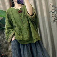 Camiseta de Mujer de Manga Larga con Cuello Redondo, Estilo Artístico, Doble Capa de Algodón y Lino, con Bolsillos y Parches, Nueva Colección Primavera 2026, Y189