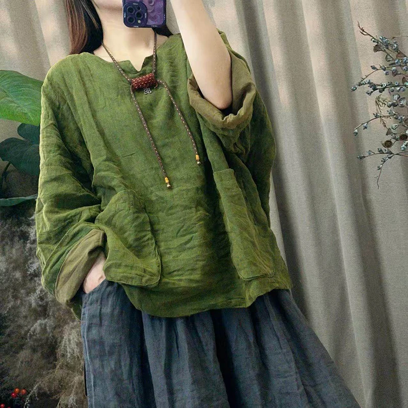 Spring 2026 New Arrival Arts Style Double-layer Cotton Linen Pockets Patchwork Tops Tees O-neck Long Sleeve Women's T-shirt Y189