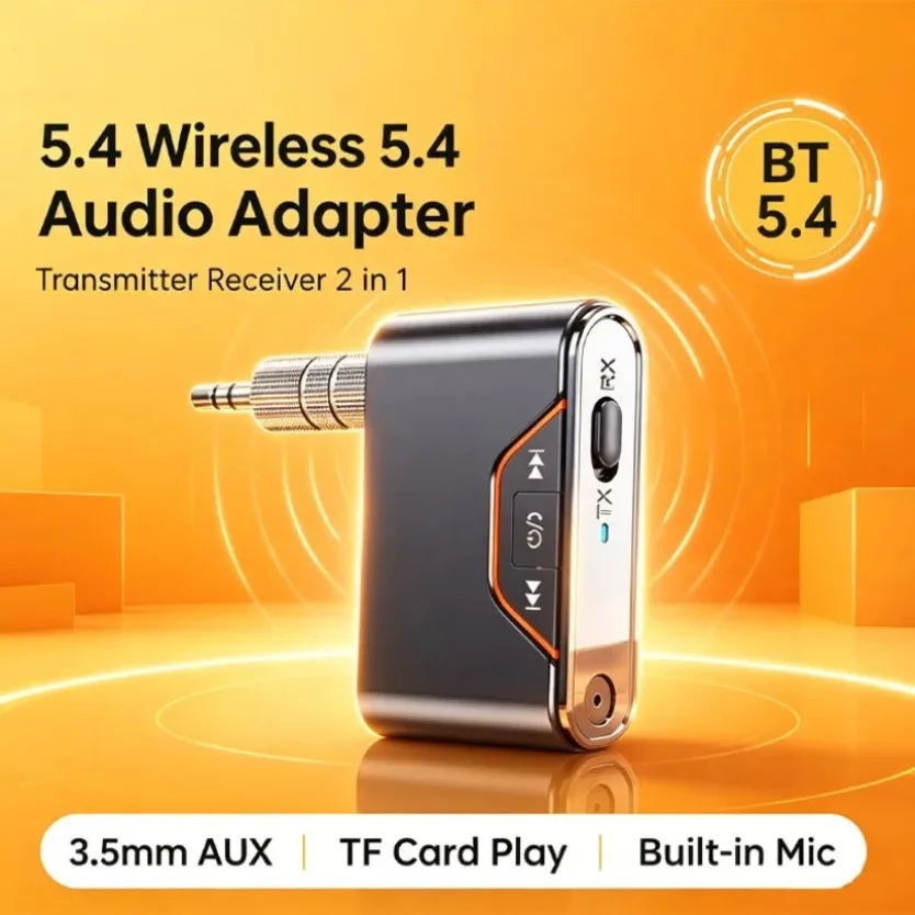 Bluetooth 5.4 Audio Transmitter Receiver 2 In 1 Wireless 3.5mm AUX Adapter TF Card Play Built-in Mic For TV Projector Headphones