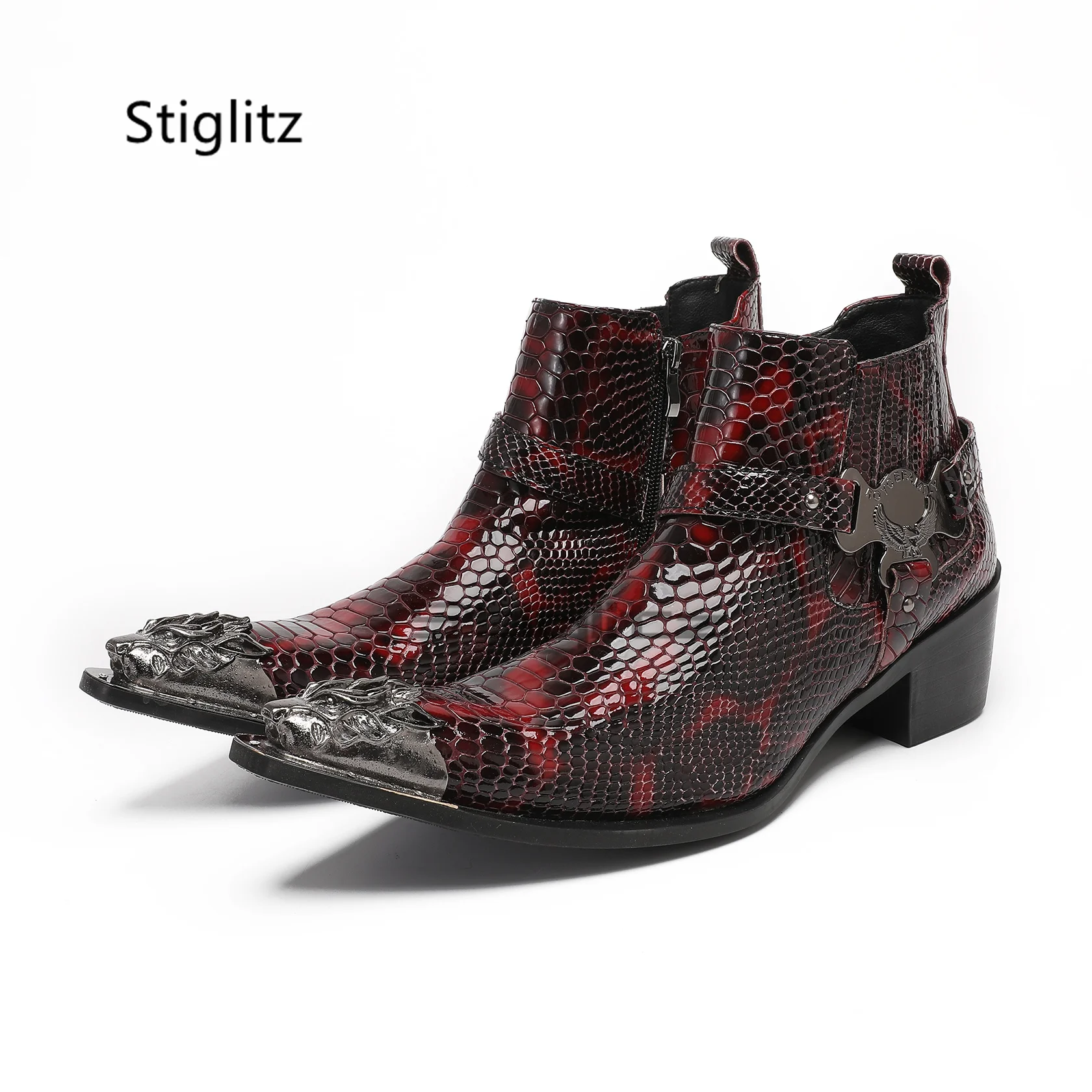 

Metal Pointed Toe Men Chelsea Boots Snakeskin High Heels Genuine Leather Ankle Boots Buckle Zipper Male Wedding Dress Shoes