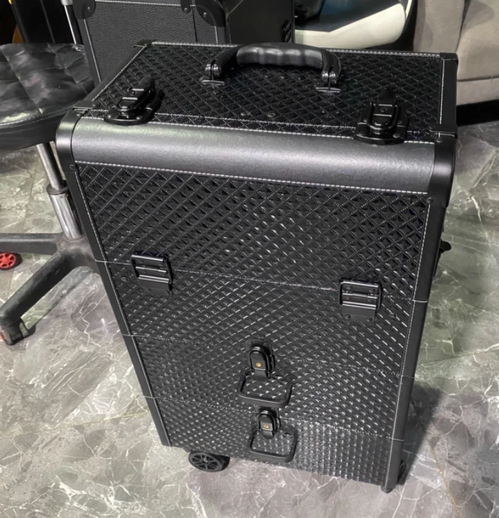 Luxury Aluminum Alloy Large Trolley Cosmetic Case Professional Makeup Artist Nail Art Hair Texture Embroidery Storage Toolbox