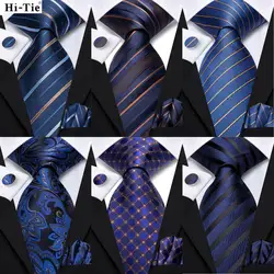 Hi-Tie Navy Blue Floral Striped Silk Elegant Tie For Men Groom Wedding Men Necktie Pocket Square Cufflink Accessory Wholesale