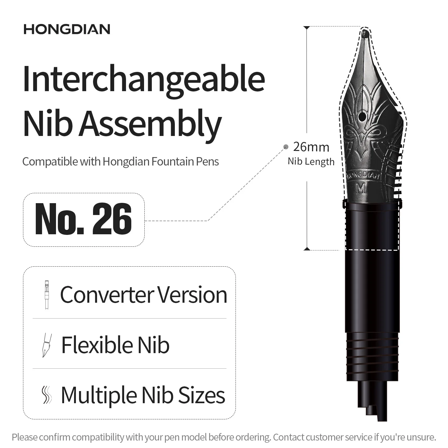 LT Hongdian No.26 （Flexible Nib）  Ink Converter Type  Twist Removable Nib Assembly,3pcs/pack