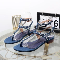 comfortable Pinch toe sandals 2023 with a word with women's shoes denim fashion western style rome flat sandals