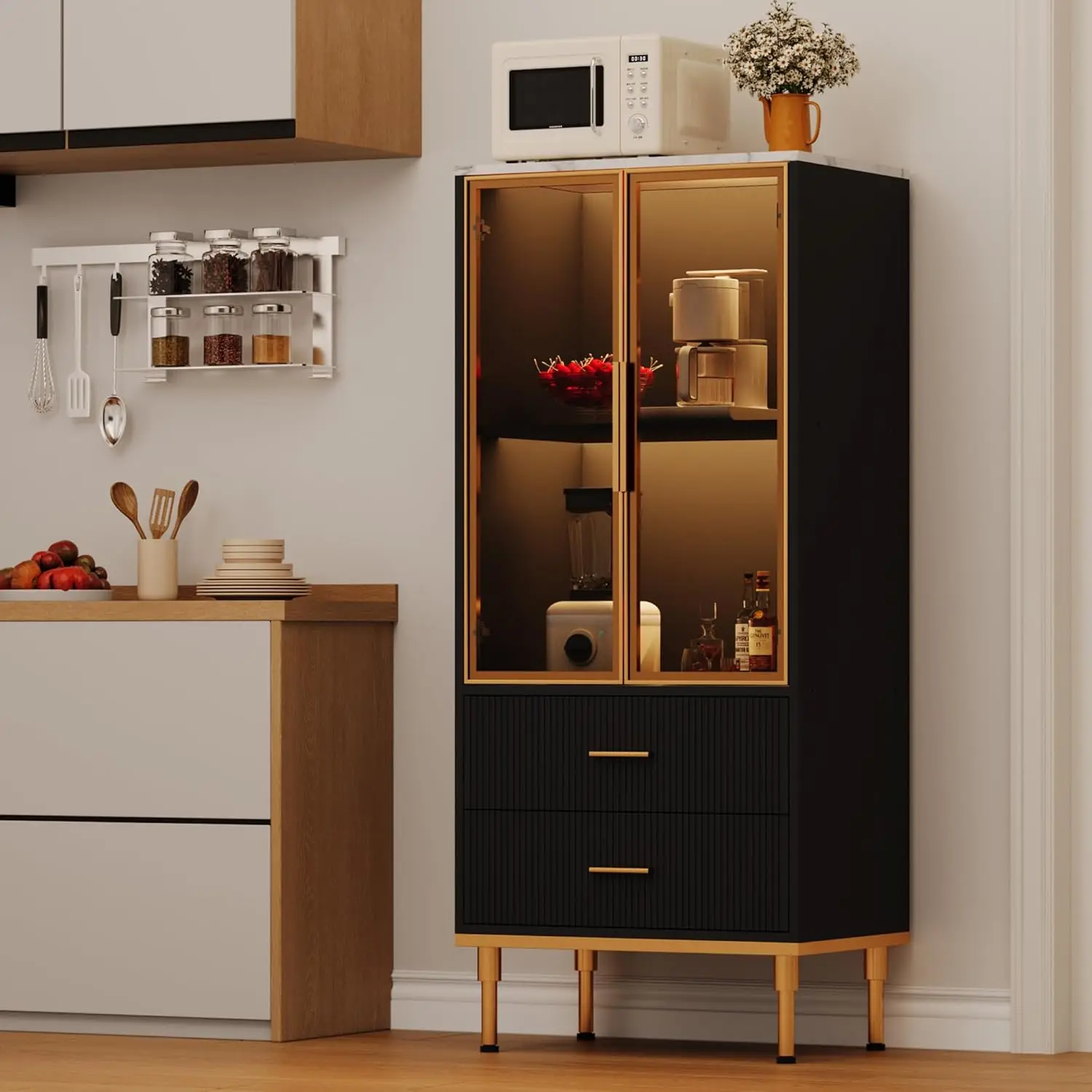 

Fluted Storage Cabinet with Glass Door and 2 Drawers, Modern Display Storage Cabinet, Kitchen Pantry with Adjustable Shelves