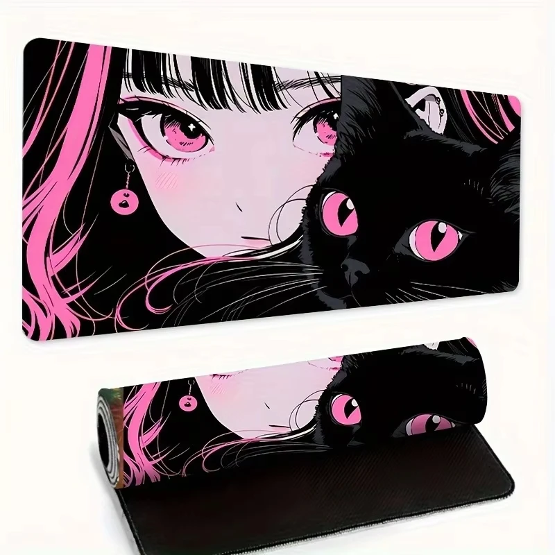 Cartoon Girl Black Cat Silicone Gaming Mouse Pad Large Keyboard Pad Topographic Mouse Pad for Keyboard with Anti-Slip Table Mat