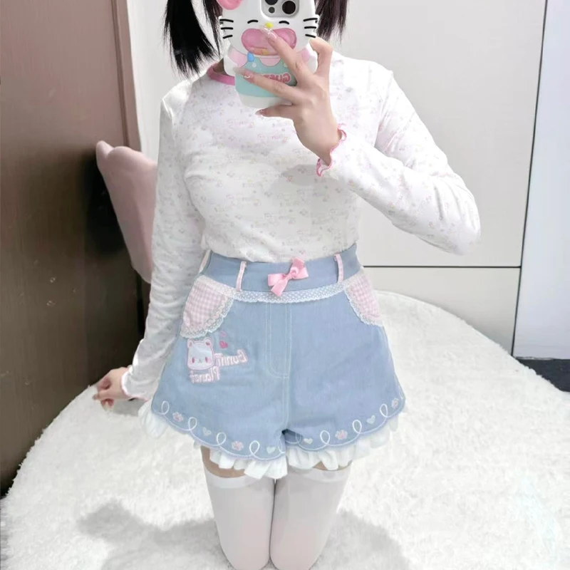 Japanese New Pure Cotton Lace Women's Jeans Original Design Sweet Cute Versatile Age Reduction 2025 Spring Summer Shorts Ladies