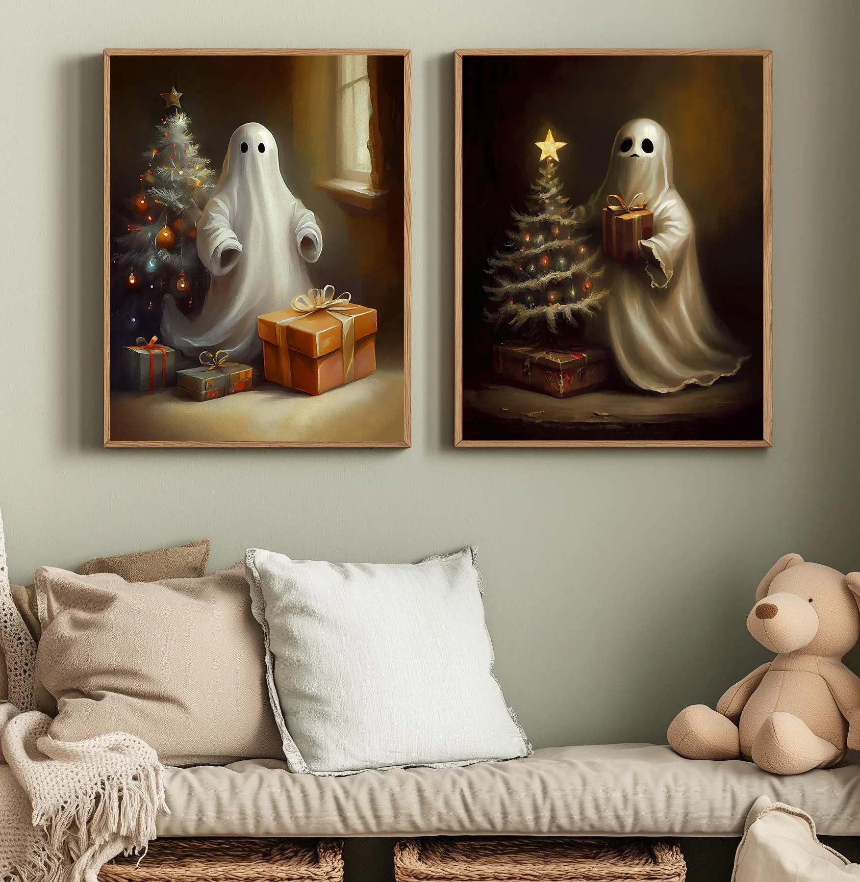 الرجعية الخريف هالوين قماش فئة زهرة مخيف شبح و اليقطين الداكن القط الأسود الجدار ملصق فني غرفة المعيشة الحديثة ديكور المنزل