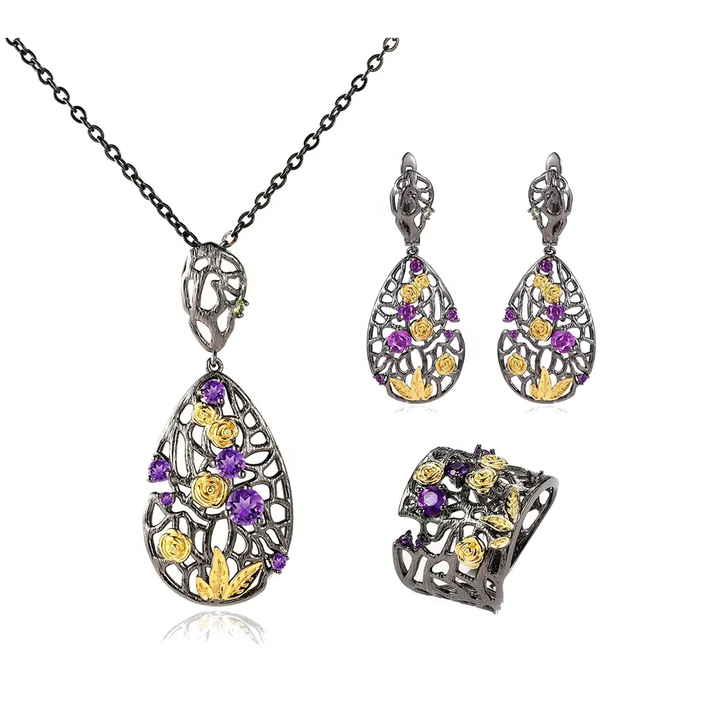 

C7937 Abiding Fashion Jewelry Natural Amethyst Flower Pattern 925 Silver Black Plated Necklace Jewelry Sets for Women Jewellery