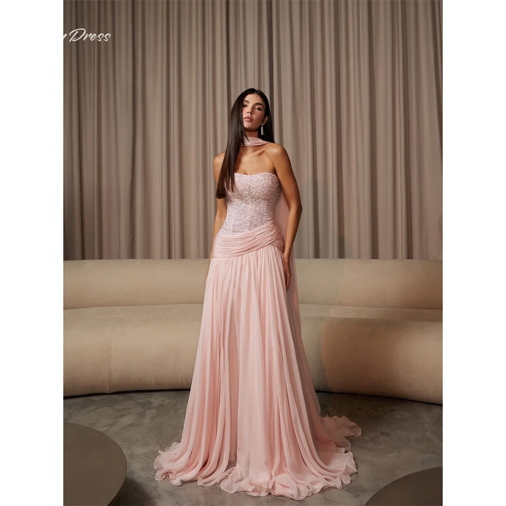 Lucy Chiffon Strapless pink A-Line Evening Dress 2026 Prom Dress Elegant Luxury Formal Sequined Customized Robes de Soirée