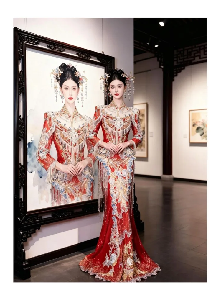 New Chinese-style fish-tail style luxurious and heavy-duty knot toasting dragon phoenix gown dress
